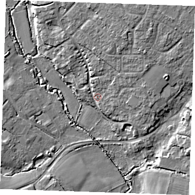 Shaded relief map of the ground around TN110EJ, computed from Environment Agency LiDAR. The ground here sits at about 28 m above sea level and falls 12 m across the surrounding 800 m. Surface water reaching this point runs off ground lying to the north-north-east, 7.1 m higher.