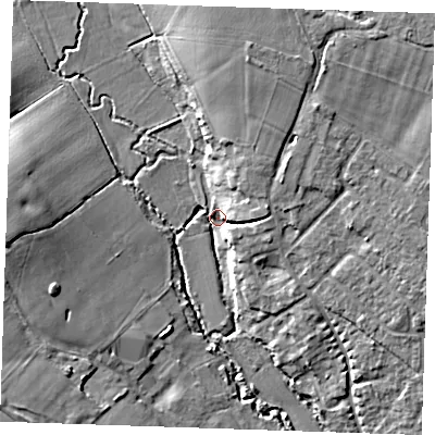 Shaded relief map of the ground around TN110EU, computed from Environment Agency LiDAR. The ground here sits at about 27 m above sea level and falls 12 m across the surrounding 800 m. Surface water reaching this point runs off ground lying to the north-north-east, 10.7 m higher.