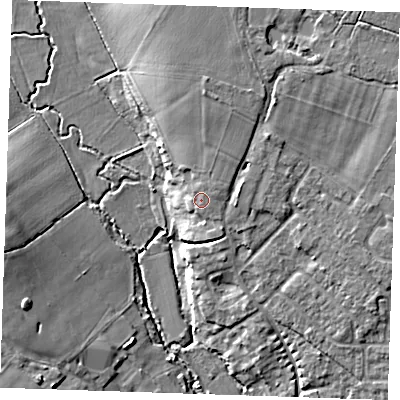 Shaded relief map of the ground around TN110EX, computed from Environment Agency LiDAR. The ground here sits at about 33 m above sea level and falls 12 m across the surrounding 800 m. Surface water reaching this point runs off ground lying to the north-east, 1.5 m higher.