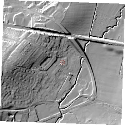 Shaded relief map of the ground around TN110FB, computed from Environment Agency LiDAR. The ground here sits at about 28 m above sea level and falls 26 m across the surrounding 800 m. Surface water reaching this point runs off ground lying to the west, 17.8 m higher.