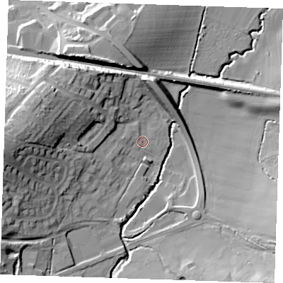 Shaded relief map of the ground around TN110FP, computed from Environment Agency LiDAR. The ground here sits at about 27 m above sea level and falls 25 m across the surrounding 800 m. Surface water reaching this point runs off ground lying to the west-north-west, 1.1 m higher.