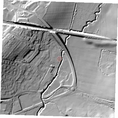 Shaded relief map of the ground around TN110FR, computed from Environment Agency LiDAR. The ground here sits at about 27 m above sea level and falls 27 m across the surrounding 800 m. Surface water reaching this point runs off ground lying to the west, 20.6 m higher.