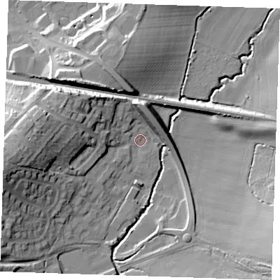 Shaded relief map of the ground around TN110FS, computed from Environment Agency LiDAR. The ground here sits at about 27 m above sea level and falls 25 m across the surrounding 800 m. Surface water reaching this point runs off ground lying to the west, 19.3 m higher.