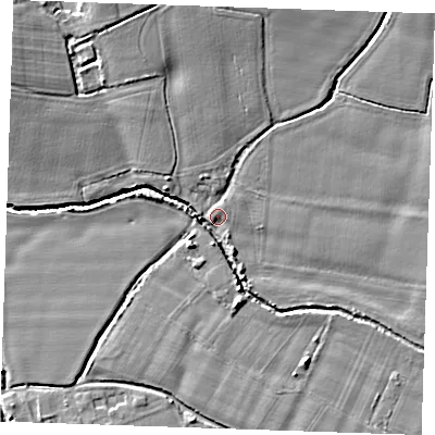 Shaded relief map of the ground around TN110LA, computed from Environment Agency LiDAR. The ground here sits at about 18 m above sea level and falls 8 m across the surrounding 800 m. Surface water reaching this point runs off ground lying to the north-north-west, 8.2 m higher.