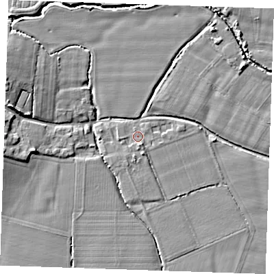 Shaded relief map of the ground around TN110LB, computed from Environment Agency LiDAR. The ground here sits at about 17 m above sea level and falls 7 m across the surrounding 800 m. Surface water reaching this point runs off ground lying to the south-south-east, 1.4 m higher.