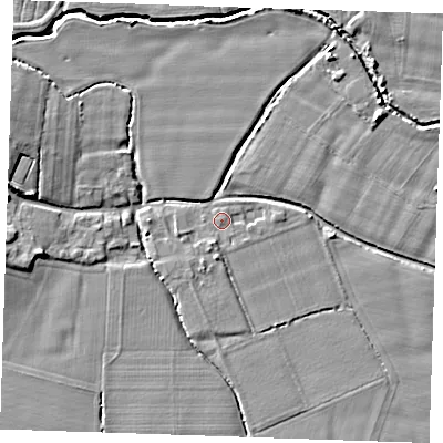 Shaded relief map of the ground around TN110LD, computed from Environment Agency LiDAR. The ground here sits at about 17 m above sea level and falls 6 m across the surrounding 800 m. Surface water reaching this point runs off ground lying to the south-south-west, 1.4 m higher.
