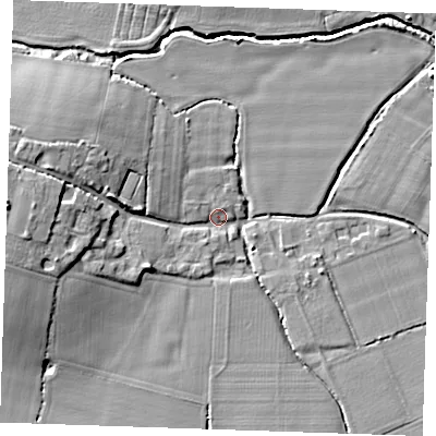 Shaded relief map of the ground around TN110LE, computed from Environment Agency LiDAR. The ground here sits at about 17 m above sea level and falls 10 m across the surrounding 800 m. Surface water reaching this point runs off ground lying to the west, 9.7 m higher.