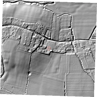 Shaded relief map of the ground around TN110LQ, computed from Environment Agency LiDAR. The ground here sits at about 19 m above sea level and falls 10 m across the surrounding 800 m. Surface water reaching this point runs off ground lying to the west, 3.4 m higher.
