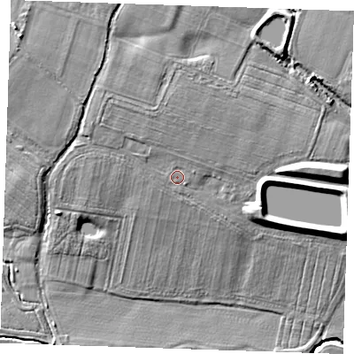 Shaded relief map of the ground around TN110LS, computed from Environment Agency LiDAR. The ground here sits at about 27 m above sea level and falls 15 m across the surrounding 800 m. Surface water reaching this point runs off ground lying to the north, 1.3 m higher.