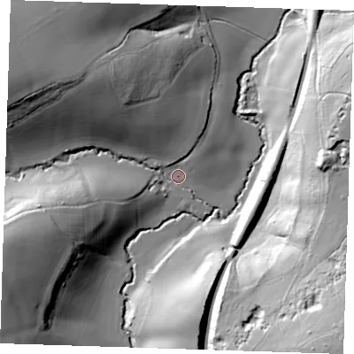 Shaded relief map of the ground around TN110NG, computed from Environment Agency LiDAR. The ground here sits at about 41 m above sea level and falls 54 m across the surrounding 800 m. Surface water reaching this point runs off ground lying to the north-west, 34.9 m higher.