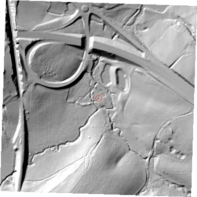 Shaded relief map of the ground around TN110NQ, computed from Environment Agency LiDAR. The ground here sits at about 33 m above sea level and falls 35 m across the surrounding 800 m. Surface water reaching this point runs off ground lying to the south-south-west, 34.5 m higher.