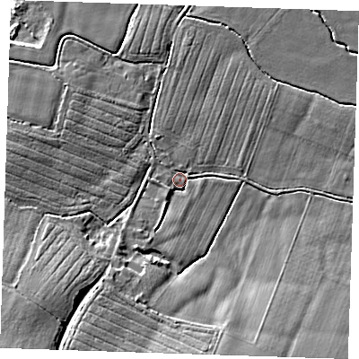 Shaded relief map of the ground around TN110PE, computed from Environment Agency LiDAR. The ground here sits at about 18 m above sea level and falls 14 m across the surrounding 800 m. Surface water reaching this point runs off ground lying to the south-west, 12.5 m higher.