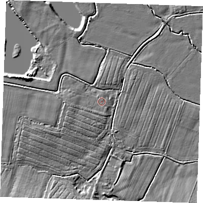Shaded relief map of the ground around TN110PG, computed from Environment Agency LiDAR. The ground here sits at about 19 m above sea level and falls 11 m across the surrounding 800 m. Surface water reaching this point runs off ground lying to the south-west, 0.8 m higher.