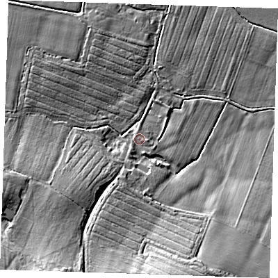 Shaded relief map of the ground around TN110PQ, computed from Environment Agency LiDAR. The ground here sits at about 20 m above sea level and falls 17 m across the surrounding 800 m. Surface water reaching this point runs off ground lying to the south-south-west, 0.8 m higher.