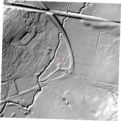 Shaded relief map of the ground around TN110QN, computed from Environment Agency LiDAR. The ground here sits at about 27 m above sea level and falls 41 m across the surrounding 800 m. Surface water reaching this point runs off ground lying to the south-east, 38.3 m higher.