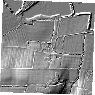 Shaded relief map of the ground around TN110QT, computed from Environment Agency LiDAR. The ground here sits at about 20 m above sea level and falls 21 m across the surrounding 800 m. Surface water reaching this point runs off ground lying to the south-south-west, 16.1 m higher.