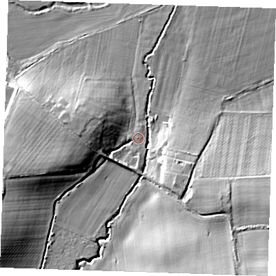 Shaded relief map of the ground around TN110QU, computed from Environment Agency LiDAR. The ground here sits at about 23 m above sea level and falls 20 m across the surrounding 800 m. Surface water reaching this point runs off ground lying to the west, 8.2 m higher.