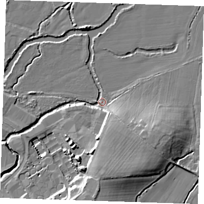Shaded relief map of the ground around TN110QX, computed from Environment Agency LiDAR. The ground here sits at about 21 m above sea level and falls 15 m across the surrounding 800 m. Surface water reaching this point runs off ground lying to the south, 11.6 m higher.
