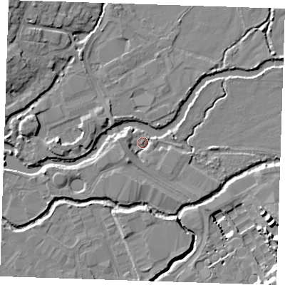 Shaded relief map of the ground around TN110QY, computed from Environment Agency LiDAR. The ground here sits at about 21 m above sea level and falls 12 m across the surrounding 800 m. Surface water reaching this point runs off ground lying to the west, 3.4 m higher.