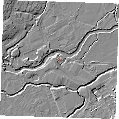Shaded relief map of the ground around TN110QZ, computed from Environment Agency LiDAR. The ground here sits at about 21 m above sea level and falls 12 m across the surrounding 800 m. Surface water reaching this point runs off ground lying to the west, 3.4 m higher.