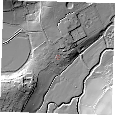 Shaded relief map of the ground around TN118BT, computed from Environment Agency LiDAR. The ground here sits at about 34 m above sea level and falls 27 m across the surrounding 800 m. Surface water reaching this point runs off ground lying to the north-north-west, 2.3 m higher.