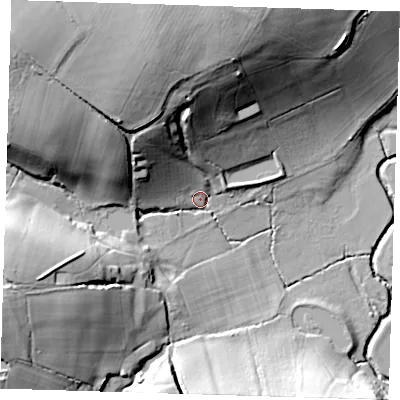 Shaded relief map of the ground around TN118DJ, computed from Environment Agency LiDAR. The ground here sits at about 33 m above sea level and falls 40 m across the surrounding 800 m. Surface water reaching this point runs off ground lying to the north-north-west, 34.5 m higher.