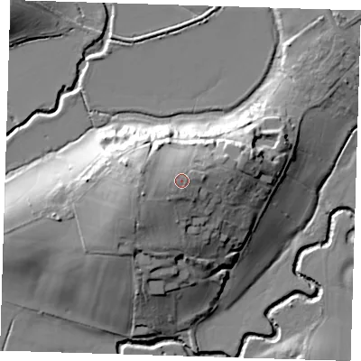 Shaded relief map of the ground around TN118DL, computed from Environment Agency LiDAR. The ground here sits at about 50 m above sea level and falls 25 m across the surrounding 800 m. Surface water reaching this point runs off ground lying to the west, 1.5 m higher.