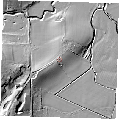 Shaded relief map of the ground around TN118DT, computed from Environment Agency LiDAR. The ground here sits at about 34 m above sea level and falls 29 m across the surrounding 800 m. Surface water reaching this point runs off ground lying to the north-east, 2.0 m higher.