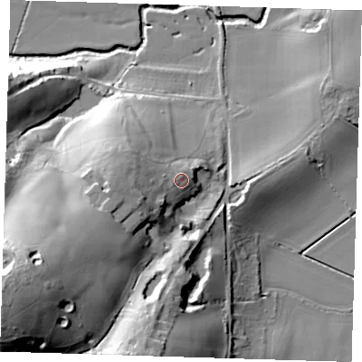 Shaded relief map of the ground around TN118EA, computed from Environment Agency LiDAR. The ground here sits at about 45 m above sea level and falls 54 m across the surrounding 800 m. Surface water reaching this point runs off ground lying to the west, 11.0 m higher.