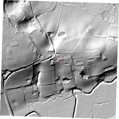 Shaded relief map of the ground around TN118EN, computed from Environment Agency LiDAR. The ground here sits at about 63 m above sea level and falls 60 m across the surrounding 800 m. Surface water reaching this point runs off ground lying to the west-north-west, 4.5 m higher.