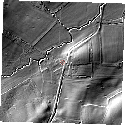 Shaded relief map of the ground around TN118NA, computed from Environment Agency LiDAR. The ground here sits at about 31 m above sea level and falls 14 m across the surrounding 800 m. Surface water reaching this point runs off ground lying to the south, 9.5 m higher.