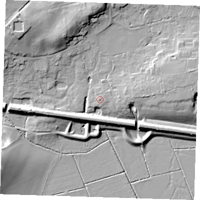 Shaded relief map of the ground around TN118RA, computed from Environment Agency LiDAR. The ground here sits at about 31 m above sea level and falls 18 m across the surrounding 800 m. Surface water reaching this point runs off ground lying to the west, 1.2 m higher.