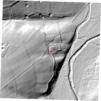 Shaded relief map of the ground around TN118RY, computed from Environment Agency LiDAR. The ground here sits at about 42 m above sea level and falls 39 m across the surrounding 800 m. Surface water reaching this point runs off ground lying to the west, 16.5 m higher.