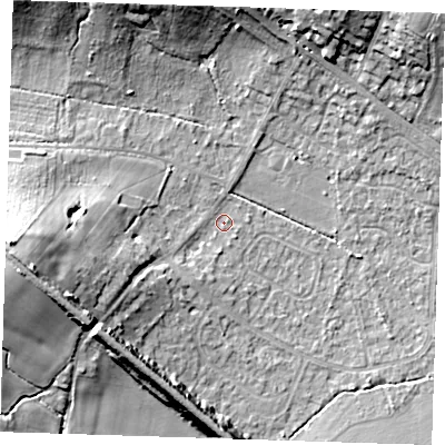 Shaded relief map of the ground around TN119AE, computed from Environment Agency LiDAR. The ground here sits at about 25 m above sea level and falls 17 m across the surrounding 800 m. Surface water reaching this point runs off ground lying to the west, 14.9 m higher.