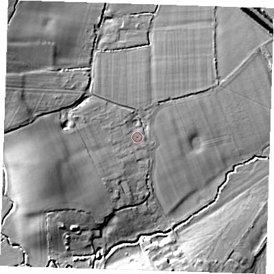 Shaded relief map of the ground around TN119AH, computed from Environment Agency LiDAR. The ground here sits at about 27 m above sea level and falls 17 m across the surrounding 800 m. Surface water reaching this point runs off ground lying to the west-south-west, 9.2 m higher.