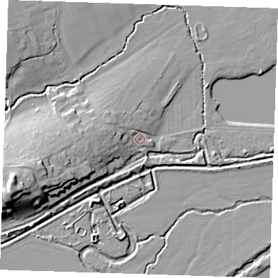 Shaded relief map of the ground around TN119AW, computed from Environment Agency LiDAR. The ground here sits at about 25 m above sea level and falls 20 m across the surrounding 800 m. Surface water reaching this point runs off ground lying to the west, 6.1 m higher.