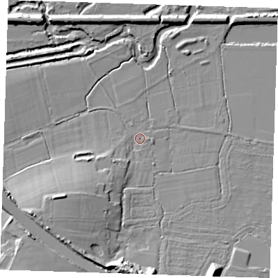 Shaded relief map of the ground around TN119BD, computed from Environment Agency LiDAR. The ground here sits at about 25 m above sea level and falls 17 m across the surrounding 800 m. Surface water reaching this point runs off ground lying to the south-west, 5.3 m higher.