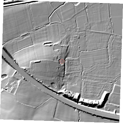 Shaded relief map of the ground around TN119BE, computed from Environment Agency LiDAR. The ground here sits at about 29 m above sea level and falls 19 m across the surrounding 800 m. Surface water reaching this point runs off ground lying to the south-south-east, 12.7 m higher.