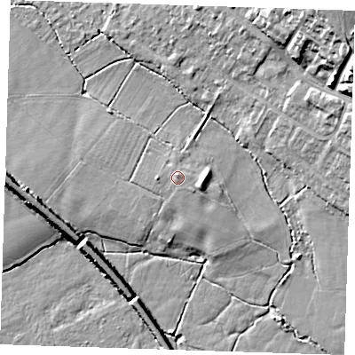 Shaded relief map of the ground around TN119BG, computed from Environment Agency LiDAR. The ground here sits at about 24 m above sea level and falls 15 m across the surrounding 800 m. Surface water reaching this point runs off ground lying to the north, 0.9 m higher.