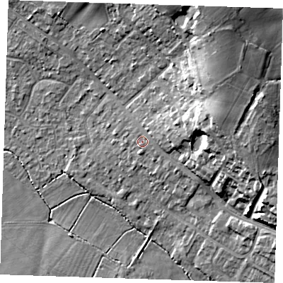 Shaded relief map of the ground around TN119BH, computed from Environment Agency LiDAR. The ground here sits at about 25 m above sea level and falls 20 m across the surrounding 800 m. Surface water reaching this point runs off ground lying to the east-north-east, 11.7 m higher.
