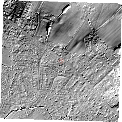 Shaded relief map of the ground around TN119BJ, computed from Environment Agency LiDAR. The ground here sits at about 26 m above sea level and falls 23 m across the surrounding 800 m. Surface water reaching this point runs off ground lying to the north-north-east, 18.7 m higher.