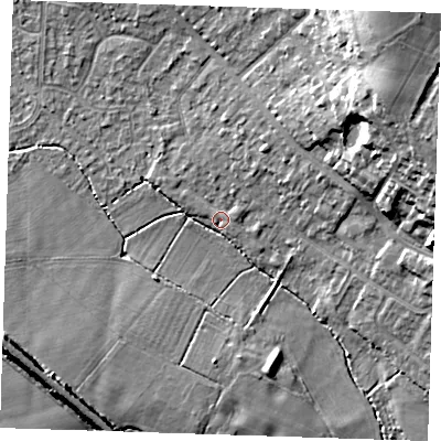 Shaded relief map of the ground around TN119BP, computed from Environment Agency LiDAR. The ground here sits at about 23 m above sea level and falls 18 m across the surrounding 800 m. Surface water reaching this point runs off ground lying to the north-east, 17.7 m higher.