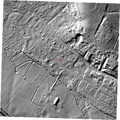 Shaded relief map of the ground around TN119BW, computed from Environment Agency LiDAR. The ground here sits at about 24 m above sea level and falls 18 m across the surrounding 800 m. Surface water reaching this point runs off ground lying to the north-east, 2.5 m higher.