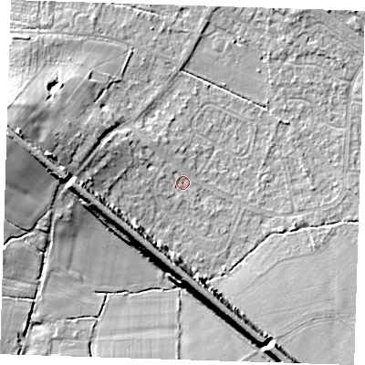 Shaded relief map of the ground around TN119DL, computed from Environment Agency LiDAR. The ground here sits at about 25 m above sea level and falls 17 m across the surrounding 800 m. Surface water reaching this point runs off ground lying to the west, 6.7 m higher.