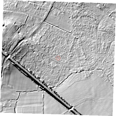 Shaded relief map of the ground around TN119DN, computed from Environment Agency LiDAR. The ground here sits at about 24 m above sea level and falls 15 m across the surrounding 800 m. Surface water reaching this point runs off ground lying to the west, 8.0 m higher.