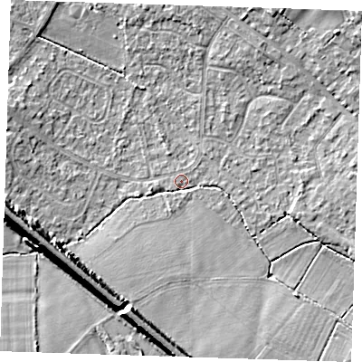 Shaded relief map of the ground around TN119DP, computed from Environment Agency LiDAR. The ground here sits at about 23 m above sea level and falls 13 m across the surrounding 800 m. Surface water reaching this point runs off ground lying to the west-south-west, 11.4 m higher.