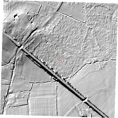 Shaded relief map of the ground around TN119DR, computed from Environment Agency LiDAR. The ground here sits at about 25 m above sea level and falls 17 m across the surrounding 800 m. Surface water reaching this point runs off ground lying to the west-north-west, 13.3 m higher.