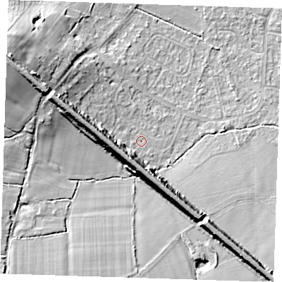 Shaded relief map of the ground around TN119DT, computed from Environment Agency LiDAR. The ground here sits at about 25 m above sea level and falls 18 m across the surrounding 800 m. Surface water reaching this point runs off ground lying to the west-south-west, 9.9 m higher.