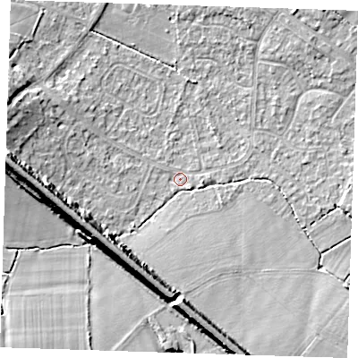 Shaded relief map of the ground around TN119DW, computed from Environment Agency LiDAR. The ground here sits at about 23 m above sea level and falls 14 m across the surrounding 800 m. Surface water reaching this point runs off ground lying to the west, 12.9 m higher.