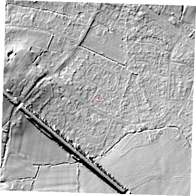Shaded relief map of the ground around TN119EA, computed from Environment Agency LiDAR. The ground here sits at about 24 m above sea level and falls 15 m across the surrounding 800 m. Surface water reaching this point runs off ground lying to the west, 7.6 m higher.
